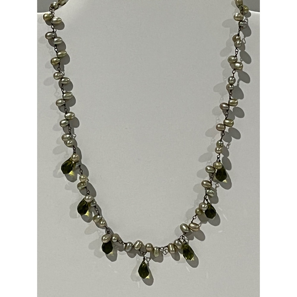 Vintage Pearl Necklace Green Crystal Dangles Delicate Chain‎ Women's Jewelry